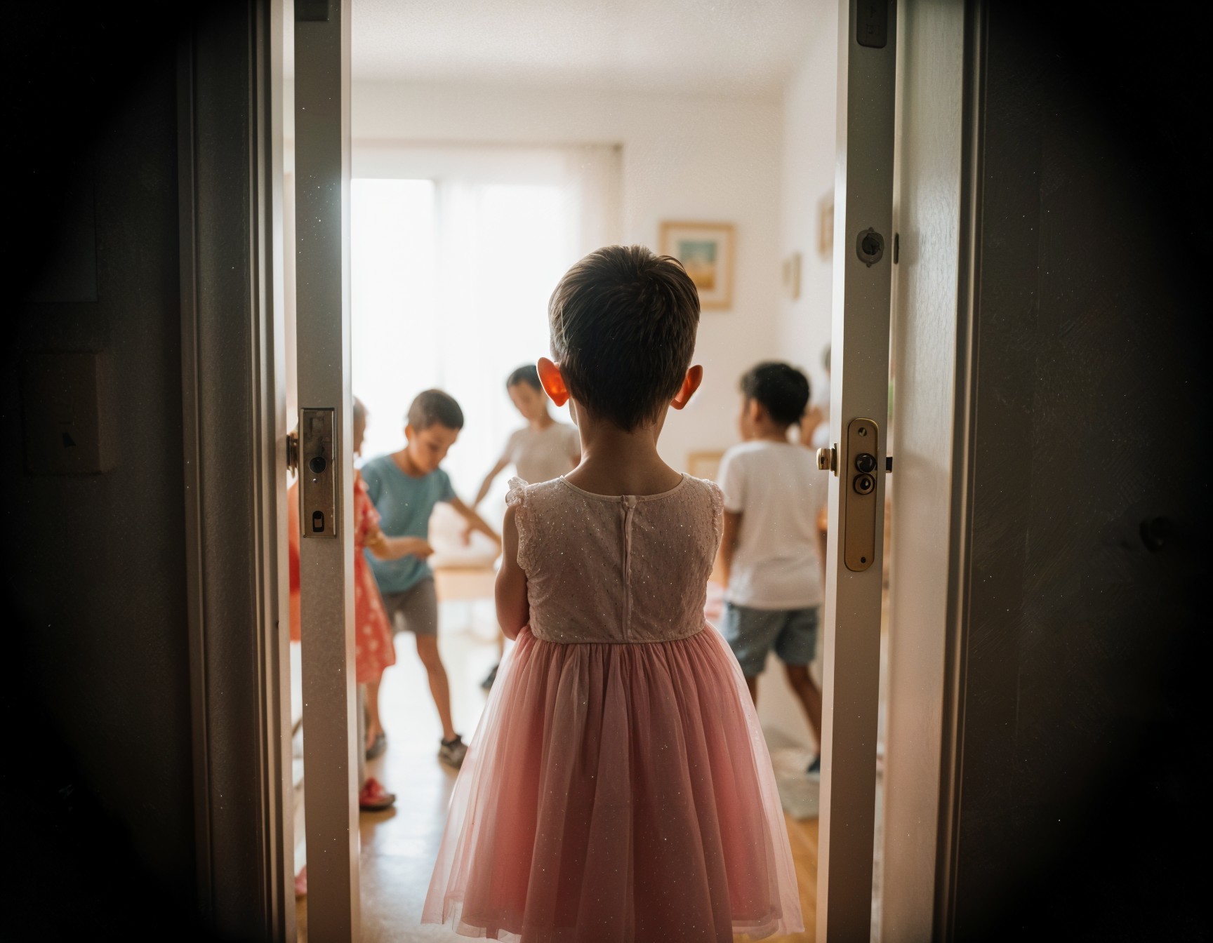 Child in Pink Dress Observing Playful Scene
