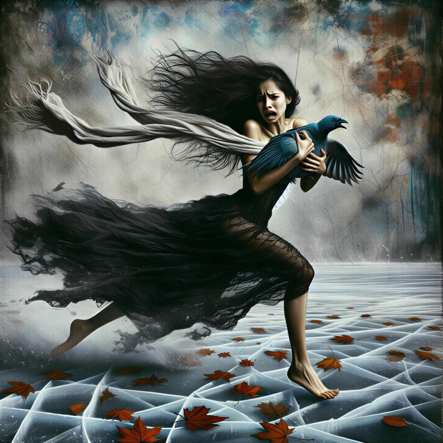 Young woman in tattered dress runs on frozen landscape