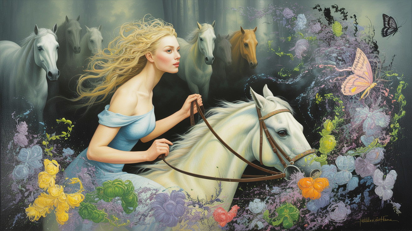 Ethereal Woman on White Horse in Mystical Forest
