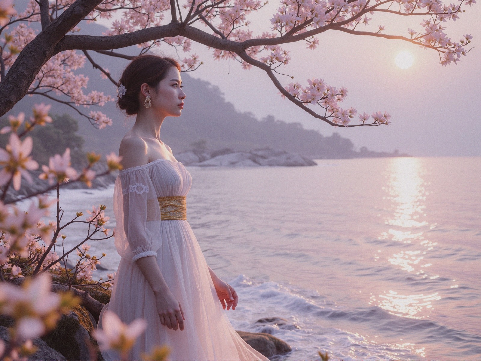 Young Woman in White Gown by Serene Shoreline