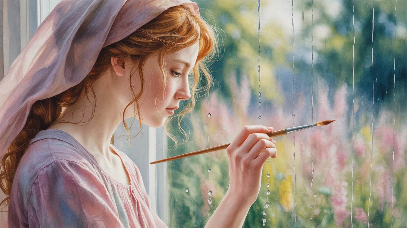 Young woman with red hair by a rain-speckled window