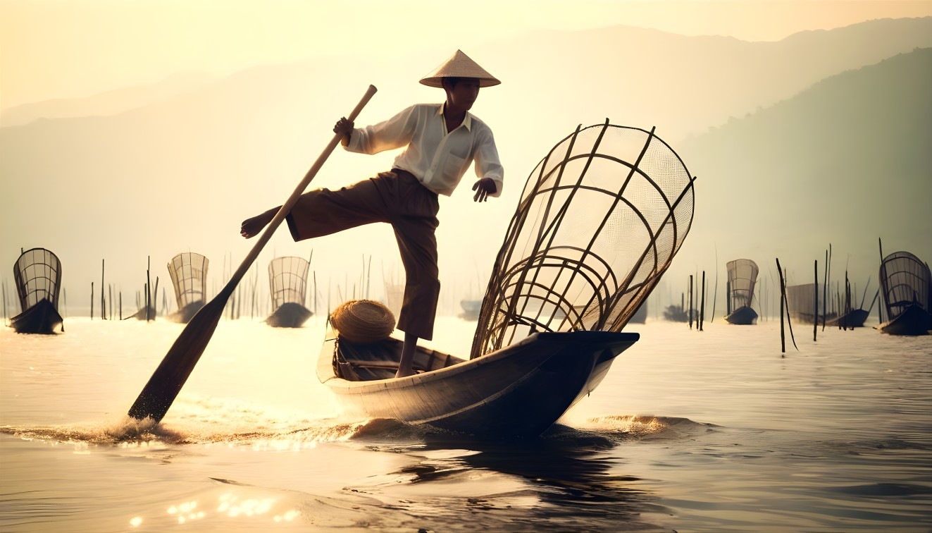 Fisherman Silhouette in Sunrise on Tranquil Waters