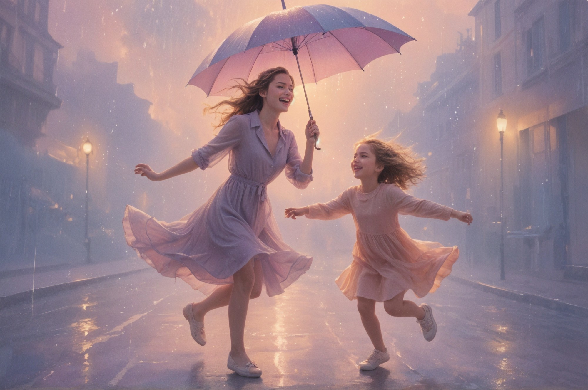 Young women and girl joyfully running in the rain