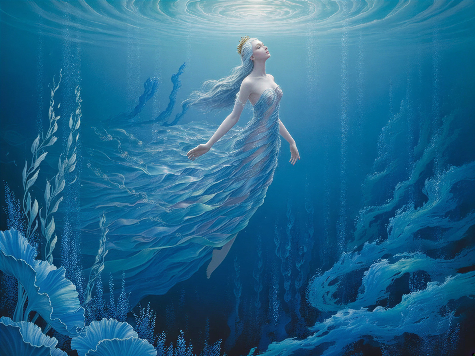 Underwater Scene with Ethereal Figure and Aquatic Plants