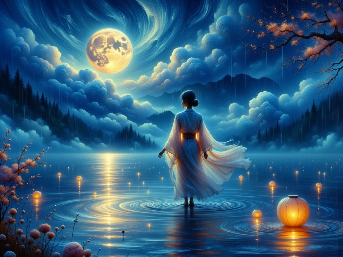 Serene Night Scene with Woman by Calm Lake