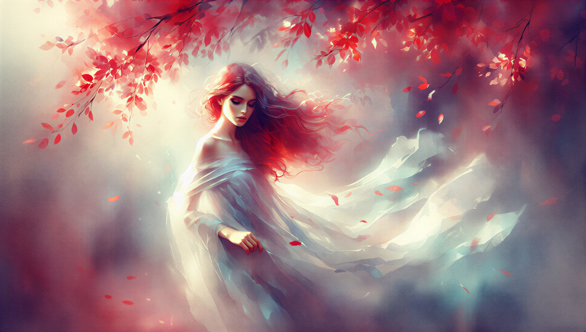 Ethereal Woman in Dreamy Landscape with Autumn Leaves