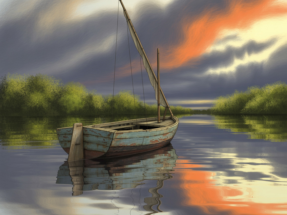 Weathered Wooden Boat on Calm Waters at Sunset