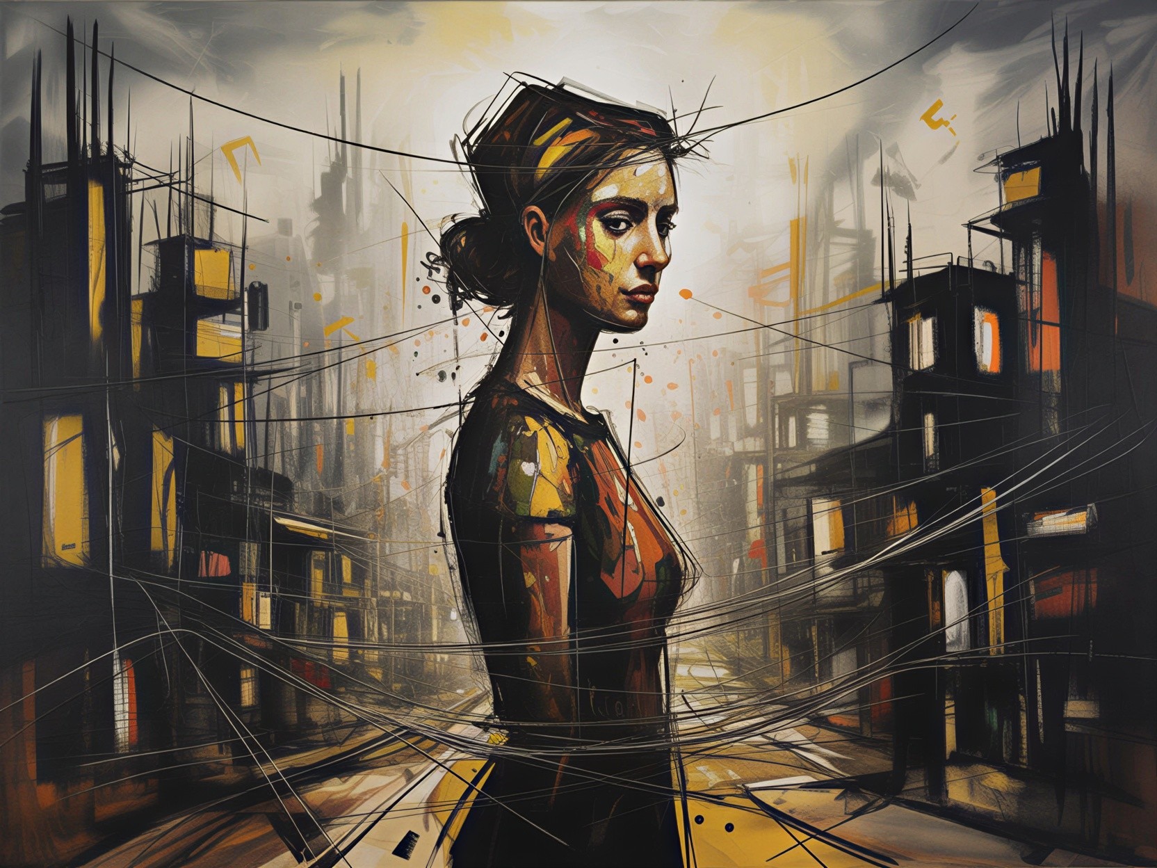 Solitary Woman in Abstract Urban Landscape Artwork