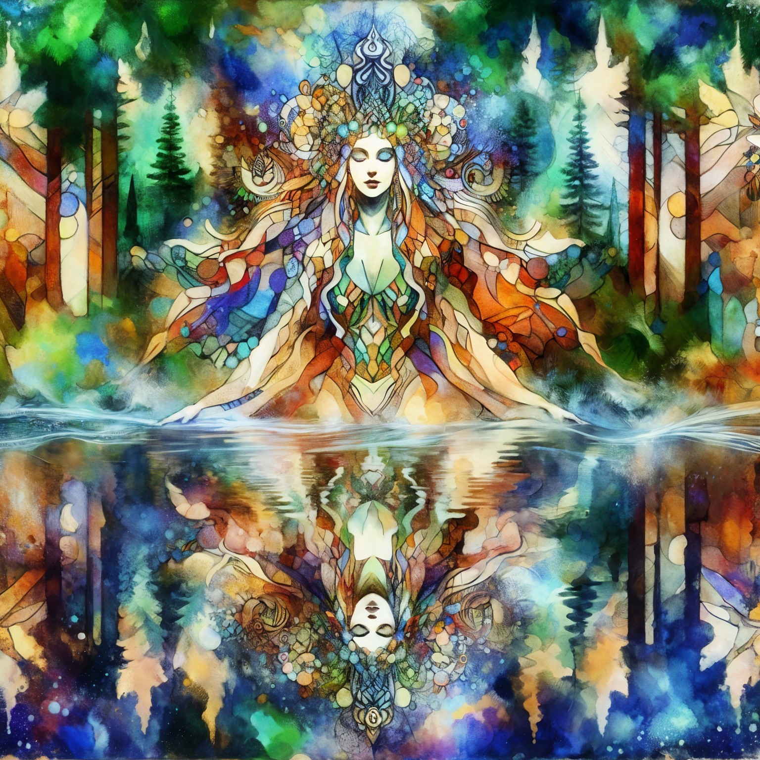Mystical Woman Surrounded by Nature and Cosmic Elements