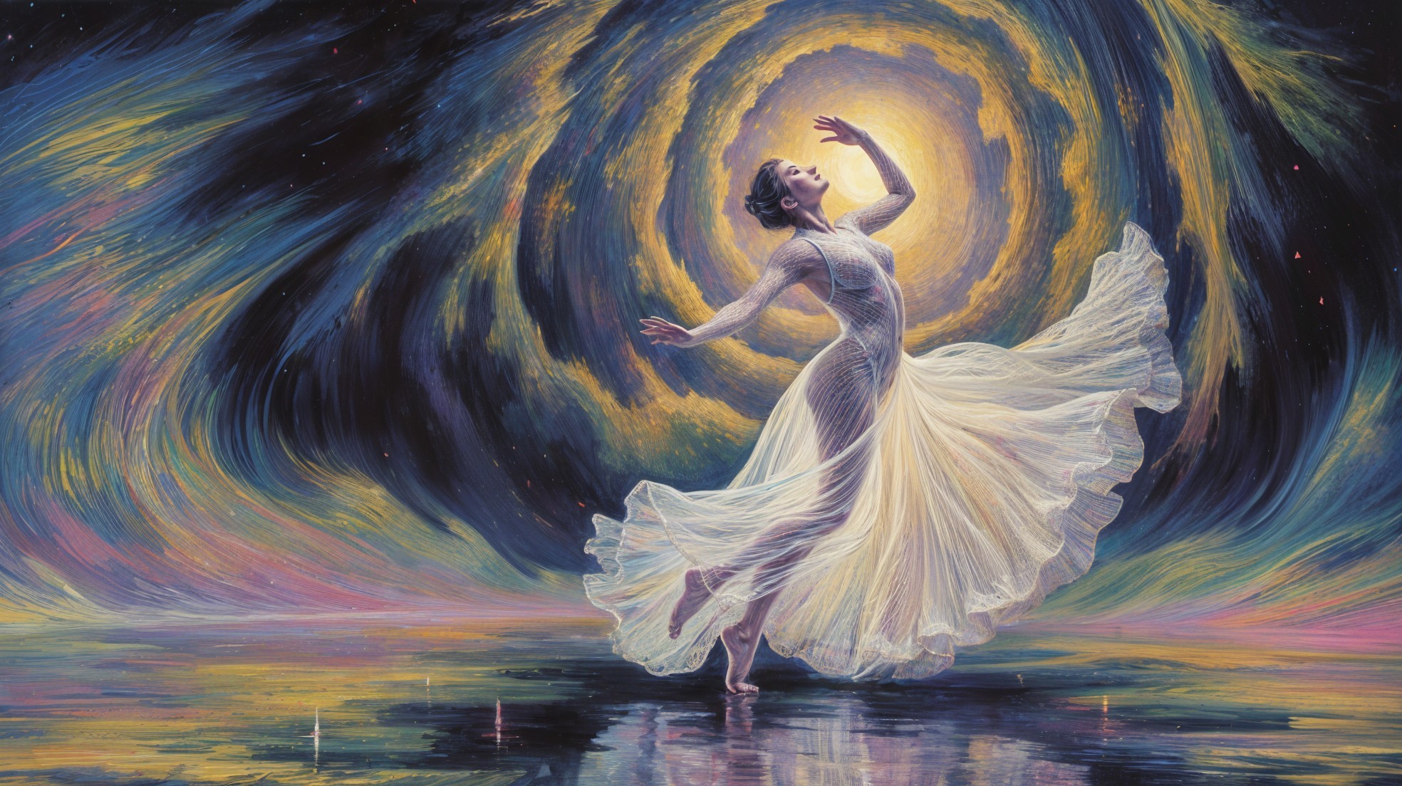 Dancer in Ethereal Landscape with Cosmic Colors