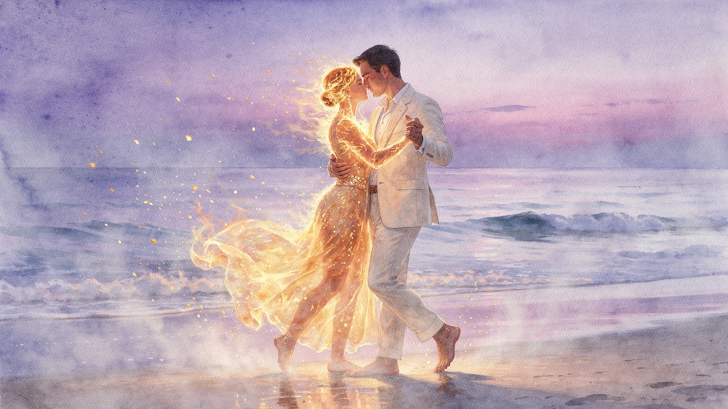 Couple Dancing on Beach at Sunset in Watercolor