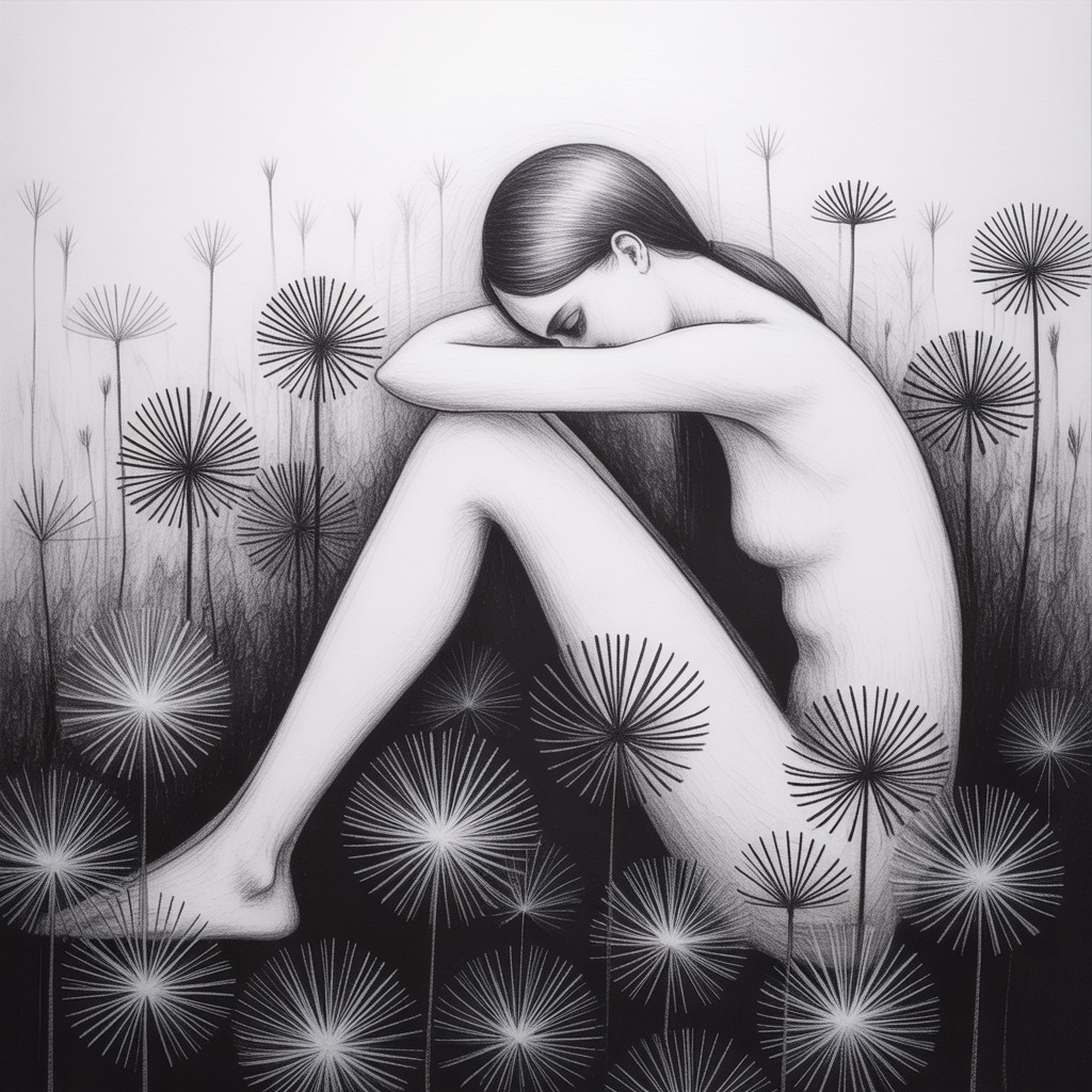 Minimalist Artwork of Woman Surrounded by Flowers