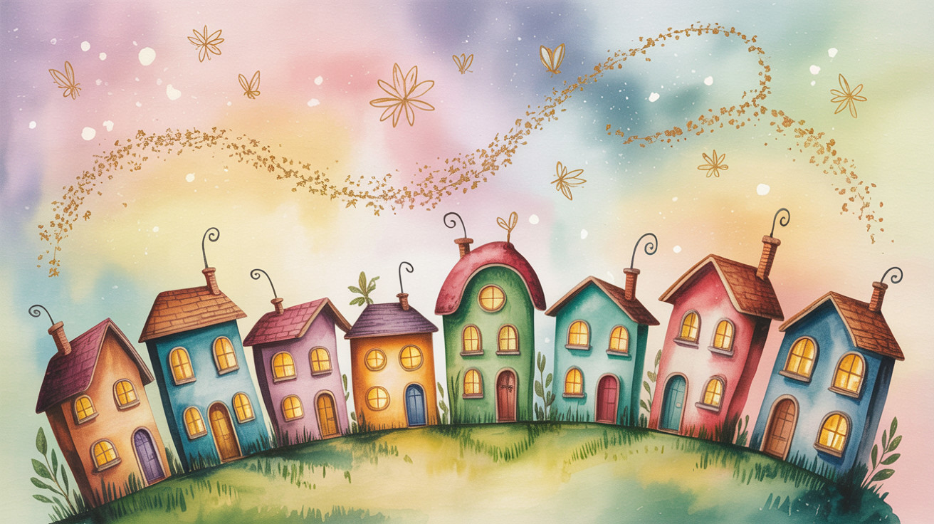 Colorful Quaint Houses in a Pastel Background Scene