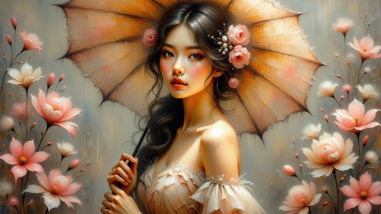 Graceful woman with parasol in serene floral setting
