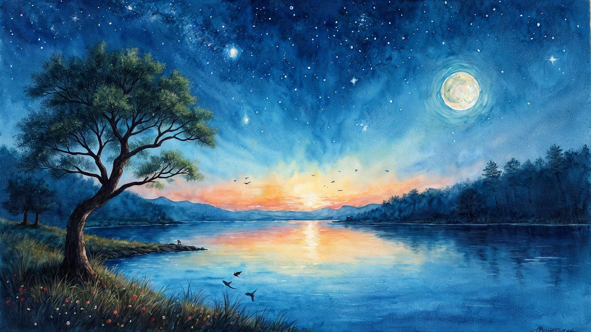 Twilight Landscape with River and Silhouetted Trees