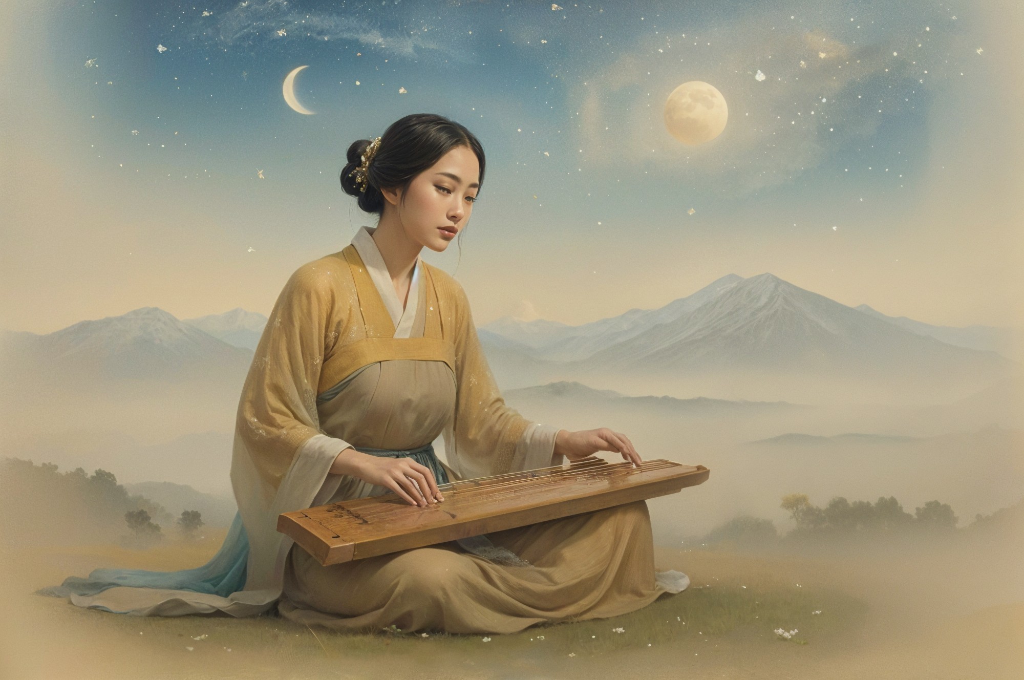 Asian woman playing guzheng on a hill at night