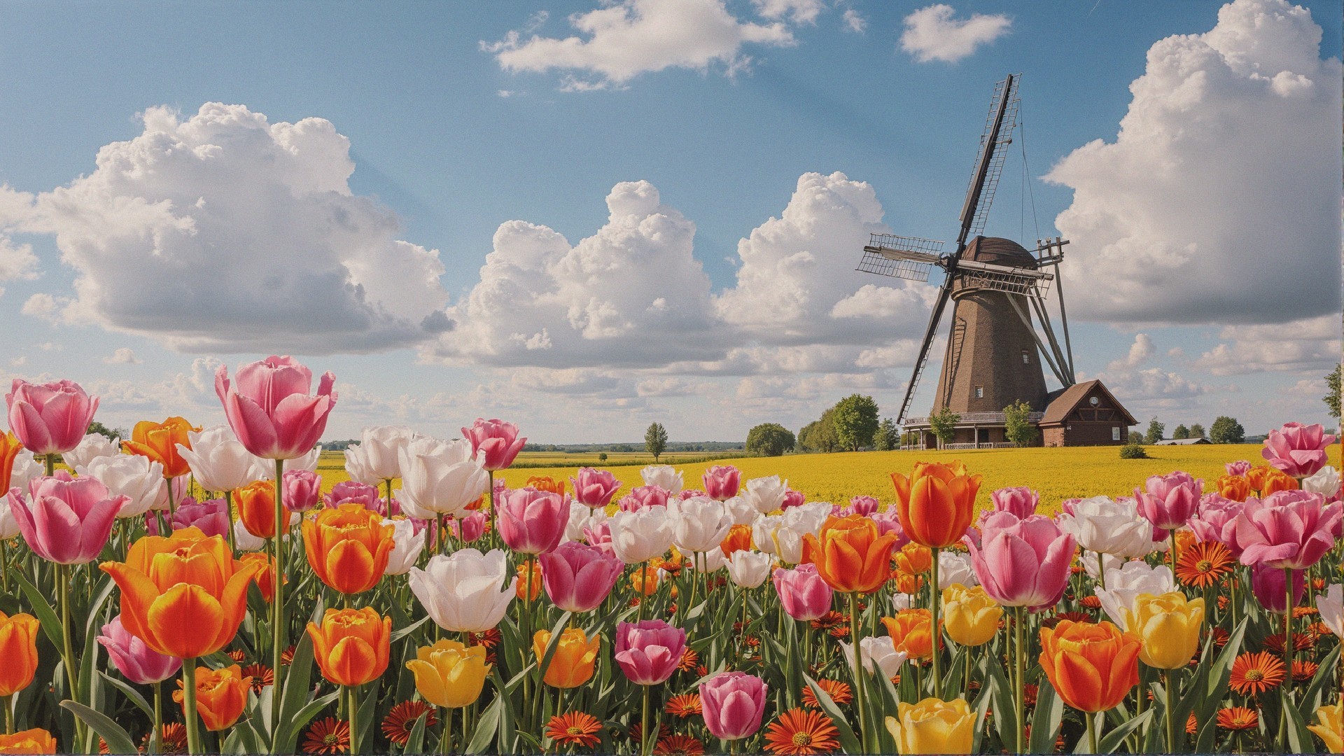 Traditional Windmill Surrounded by Colorful Tulip Fields
