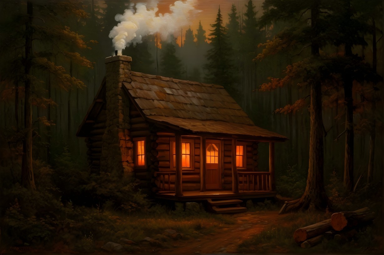 Cozy log cabin in a twilight forest setting