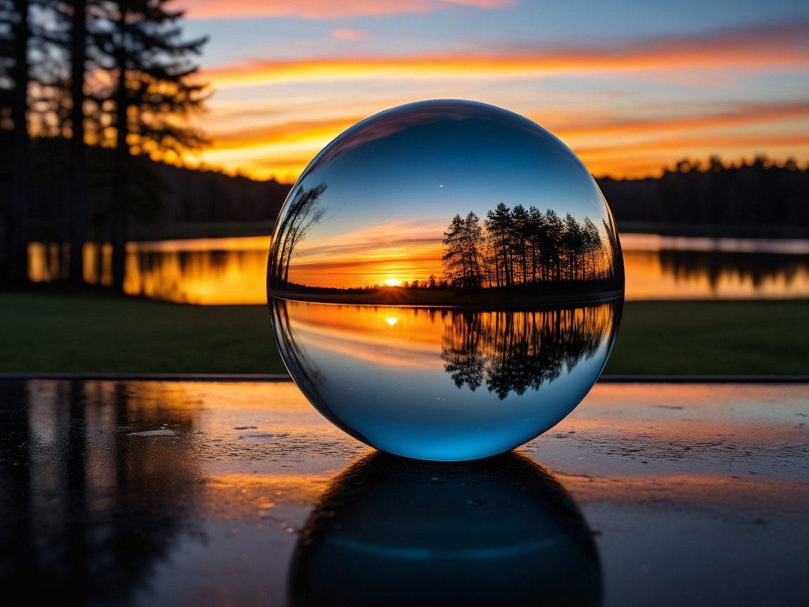 Glass Orb Reflecting Sunset Over Serene Lake
