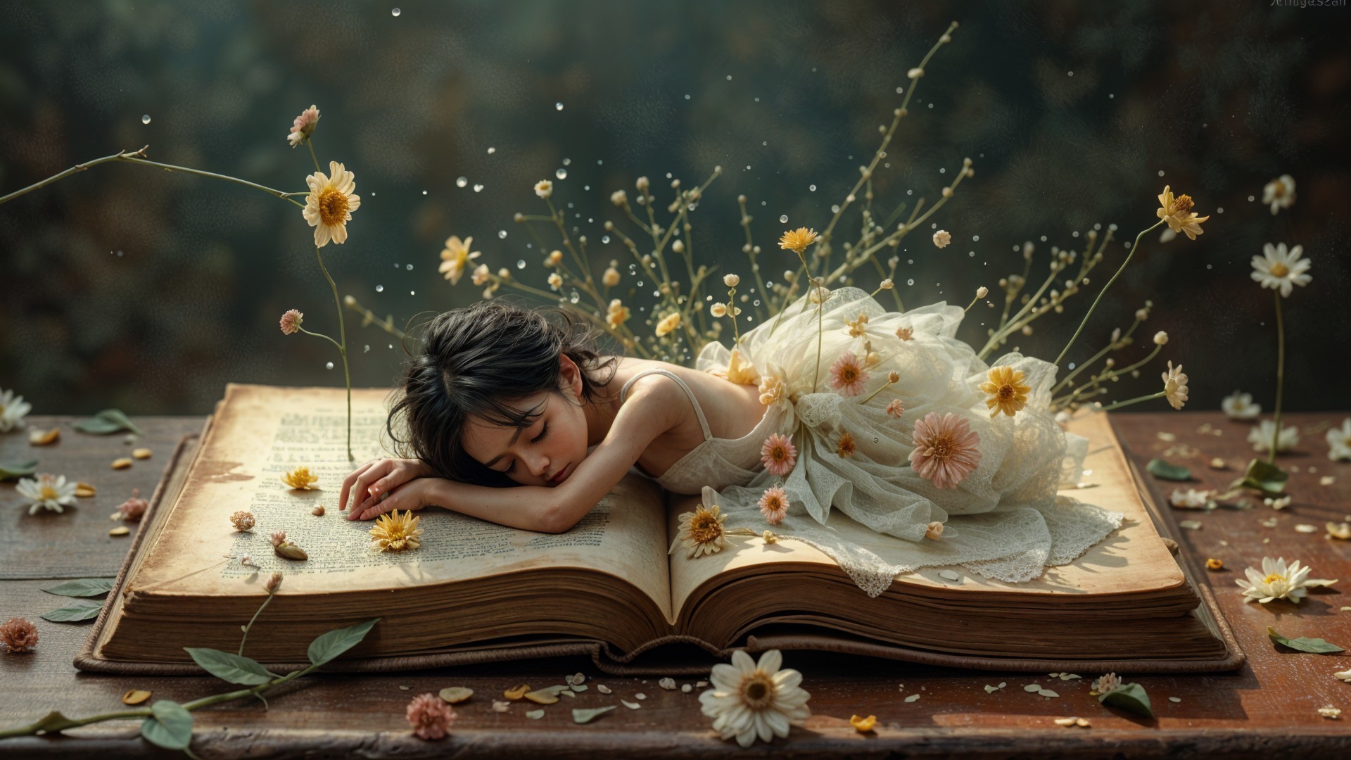 Dreamy Scene of a Girl on an Oversized Book