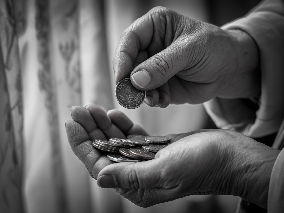 Black-and-white image of hands holding a coin