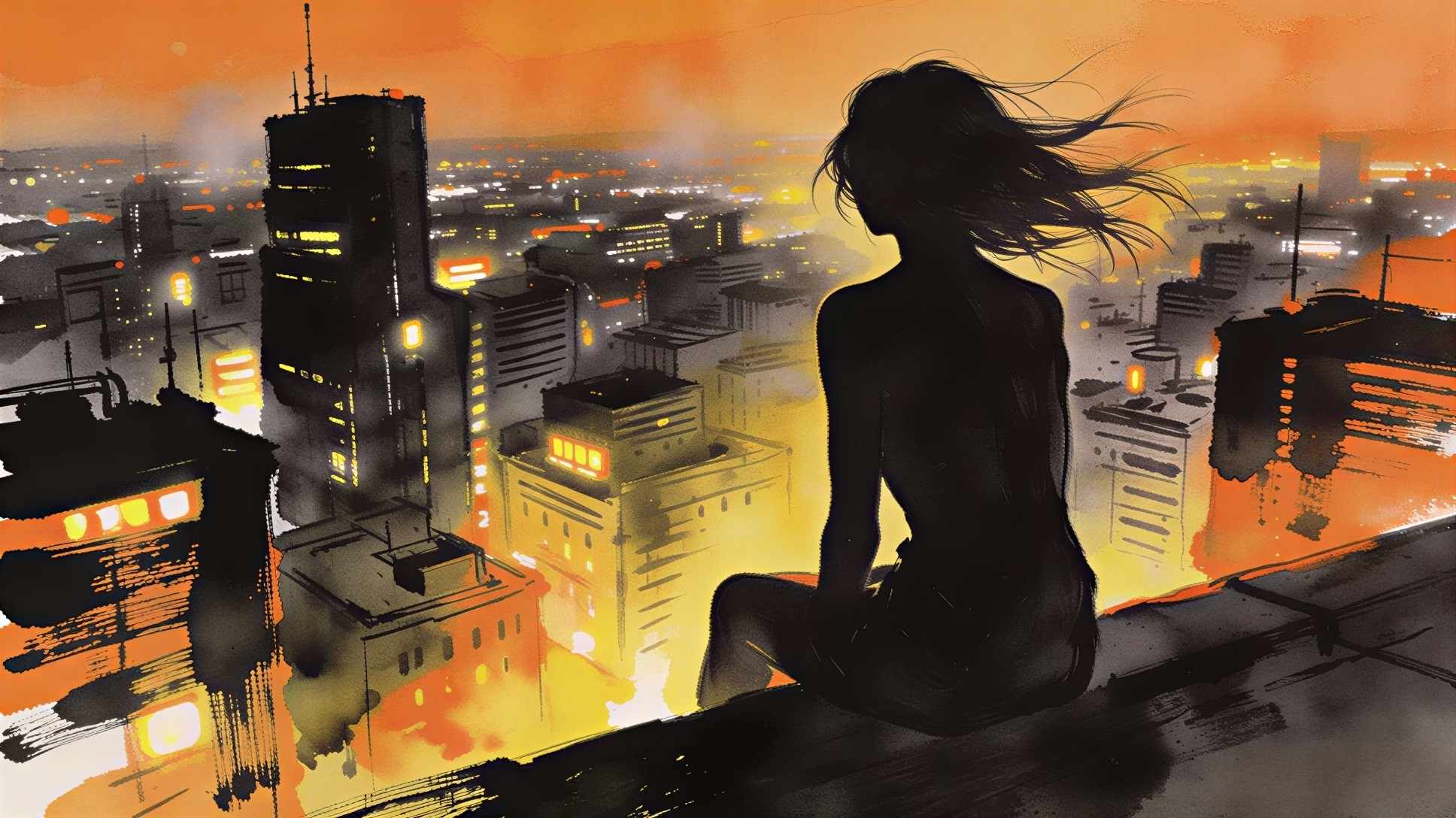 Watercolor painting of a silhouetted woman on a rooftop