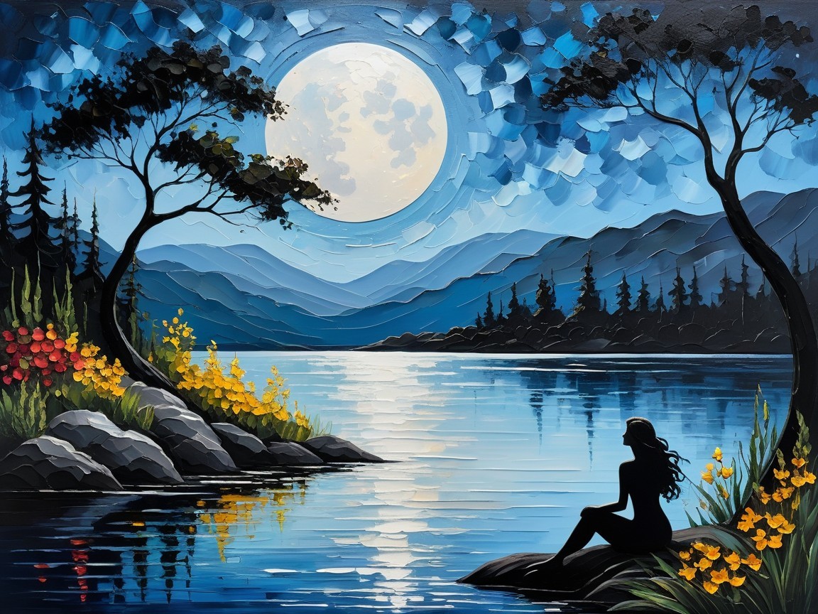 Serene Night Scene by a Tranquil Lake with Moonlight