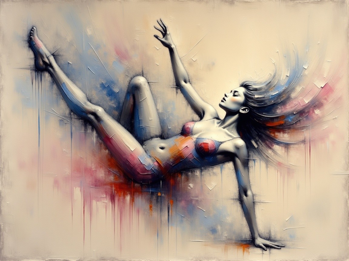 Dynamic Floating Woman in Vibrant Two-Piece Outfit