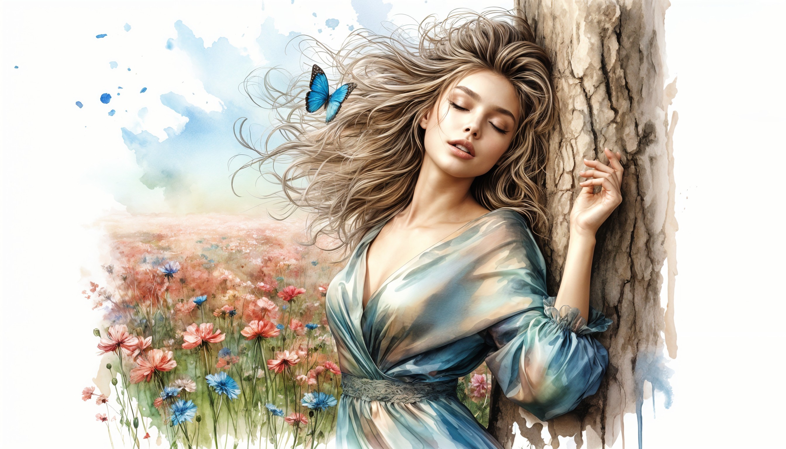 Serene Woman in Meadow with Butterfly and Tree