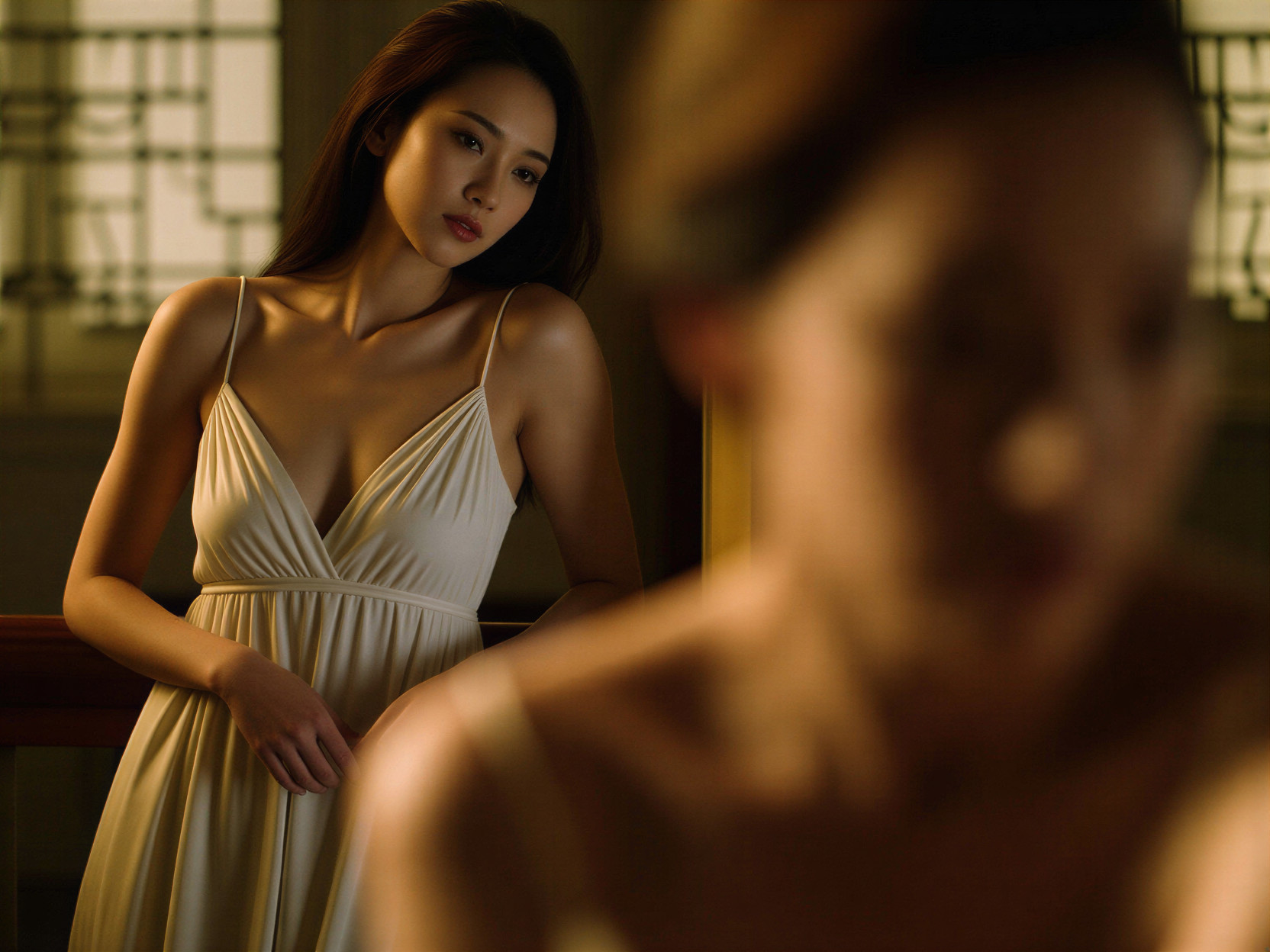 Elegant Woman in White Dress by Railing Scene