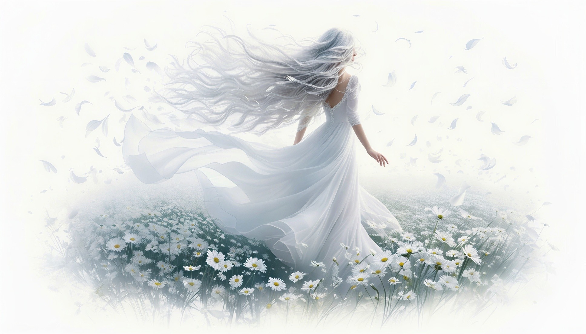 Ethereal Figure in White Dress Among Daisies