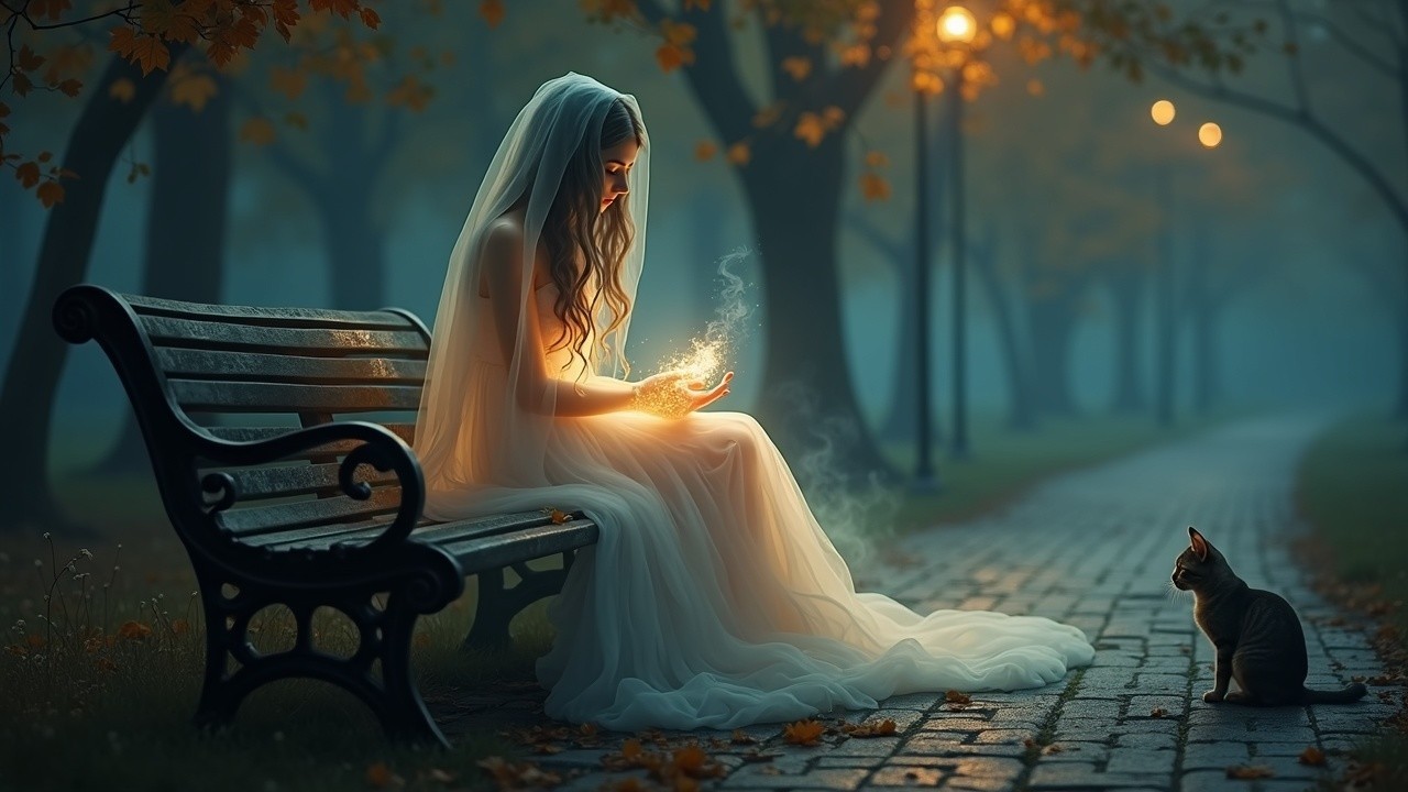Mystical Park Scene with Woman and Glowing Orb