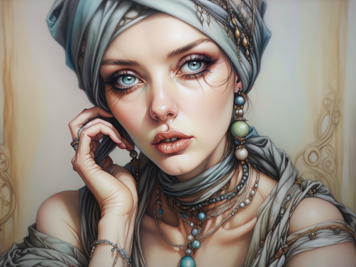 Portrait of a Woman with Blue Eyes and Headscarf