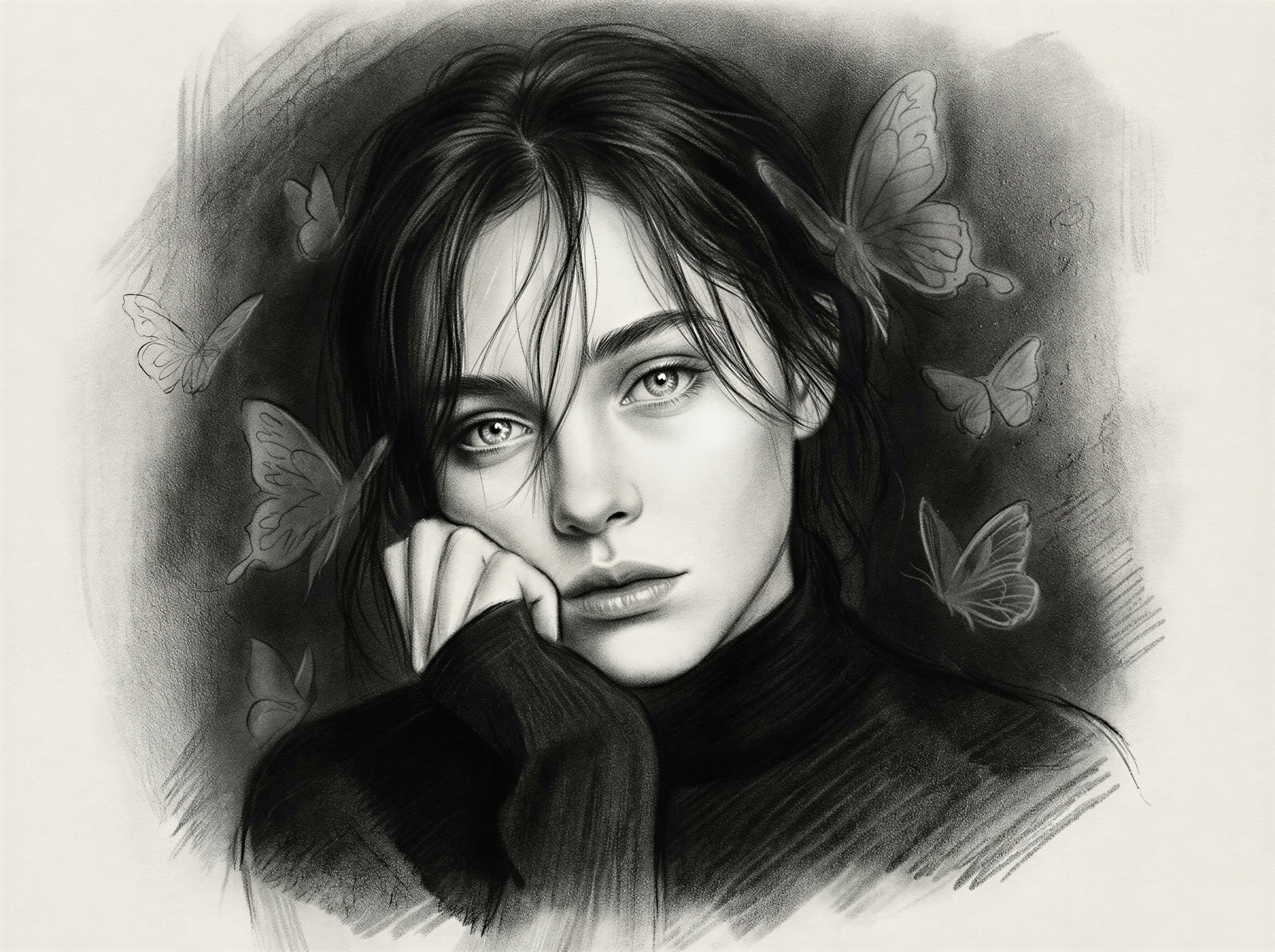 Realistic Charcoal Drawing of a Young Woman