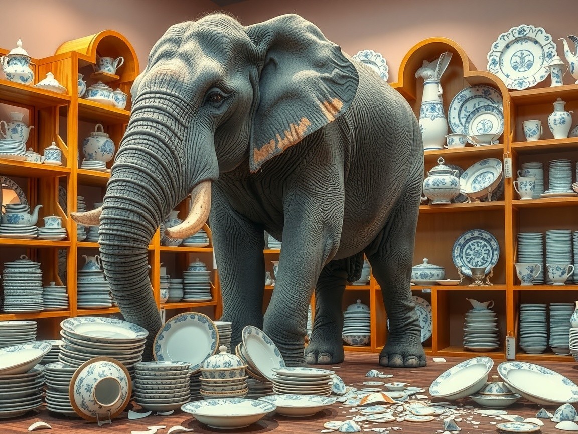 Elephant in Display Room with Shattered China Collection