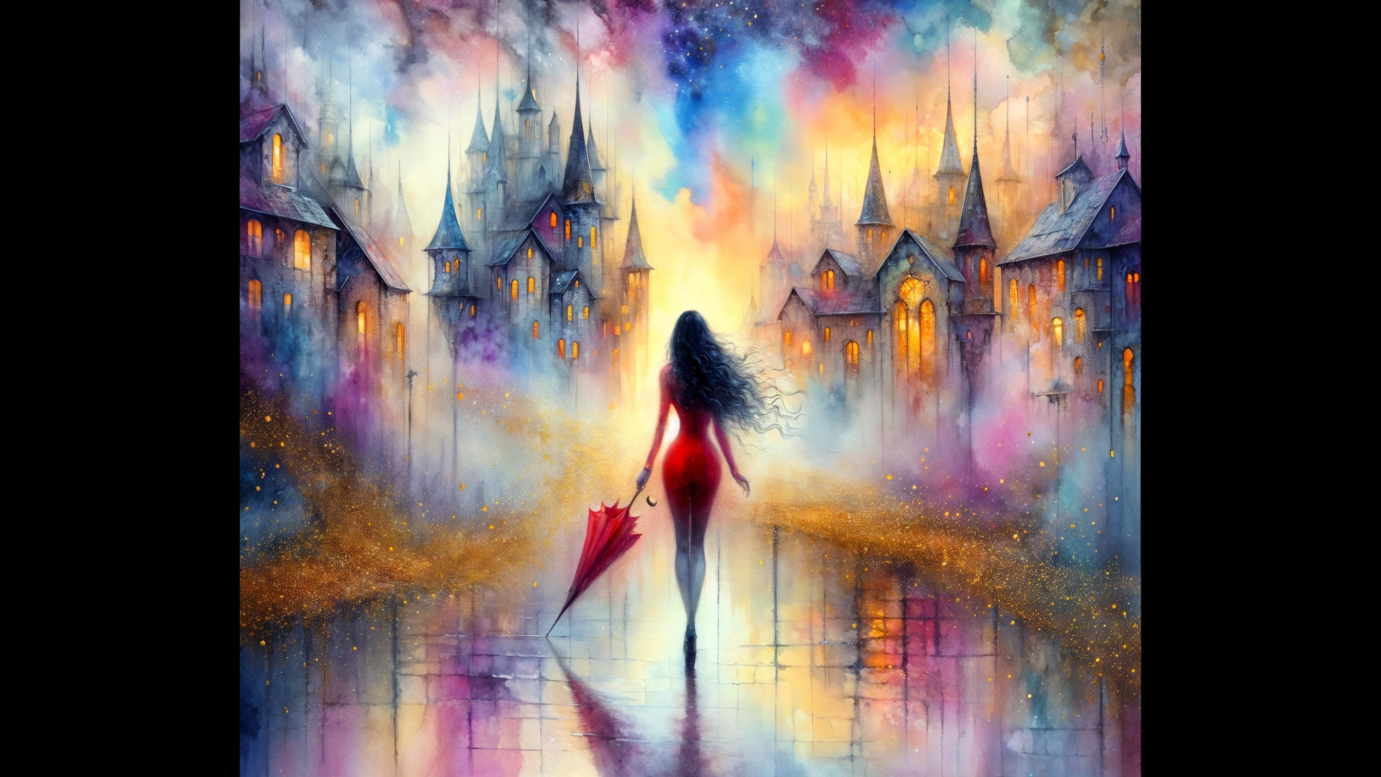 Mysterious Figure in Red Dress on Ethereal Path