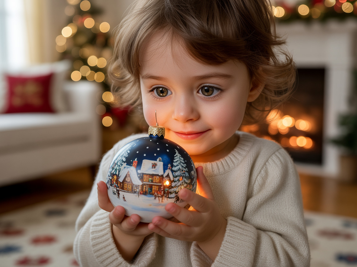 Little Girl Admiring Hand-Painted Christmas Ornament