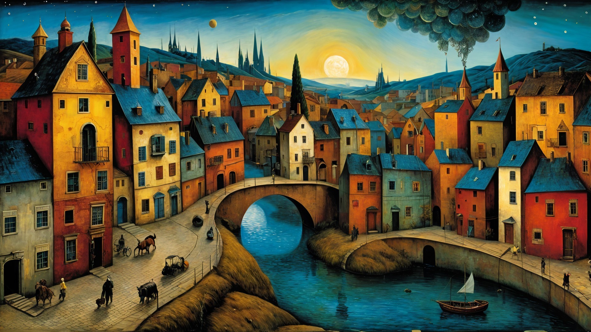 Charming Village Landscape with River and Sunset