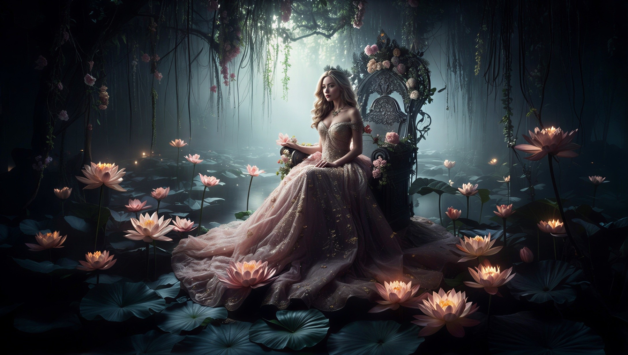 Ethereal Young Queen in Mystical Lotus Setting