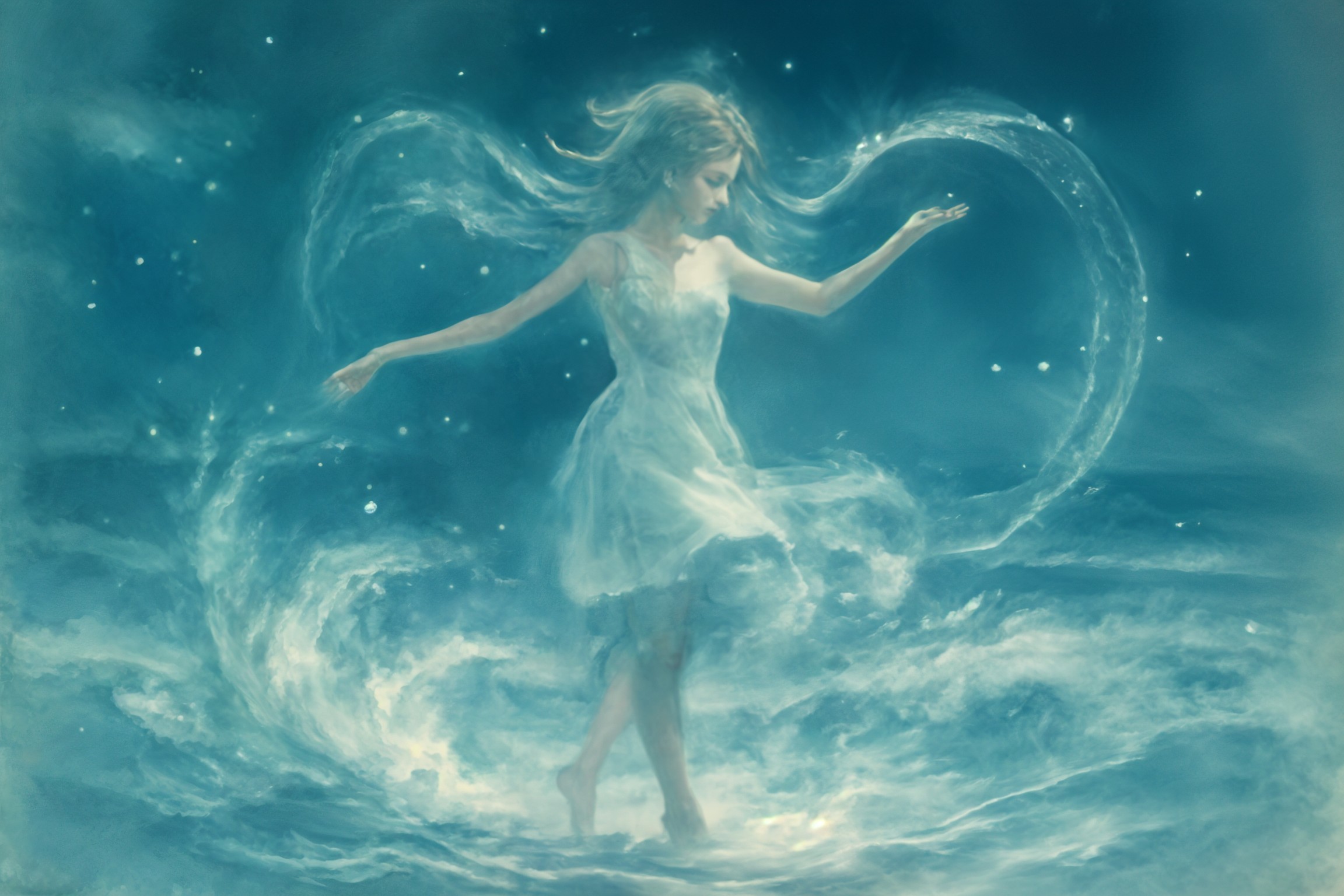 Young woman in white dress amidst swirling clouds and stars