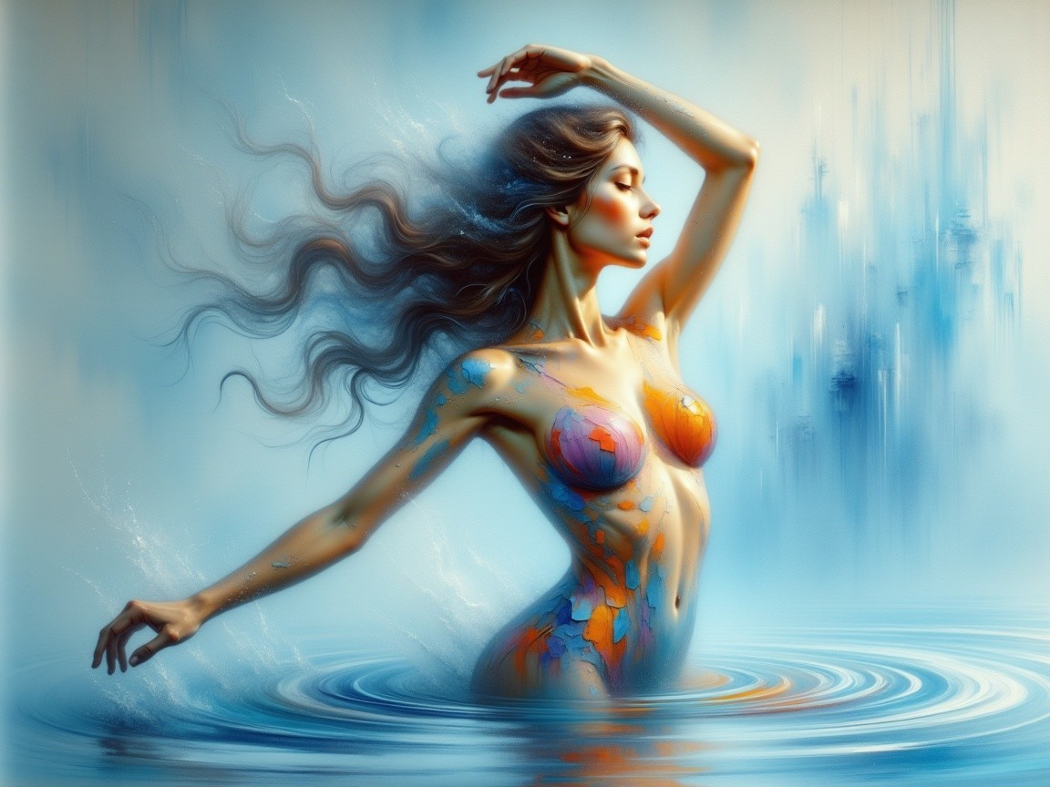 Graceful figure in serene waters with vibrant patterns