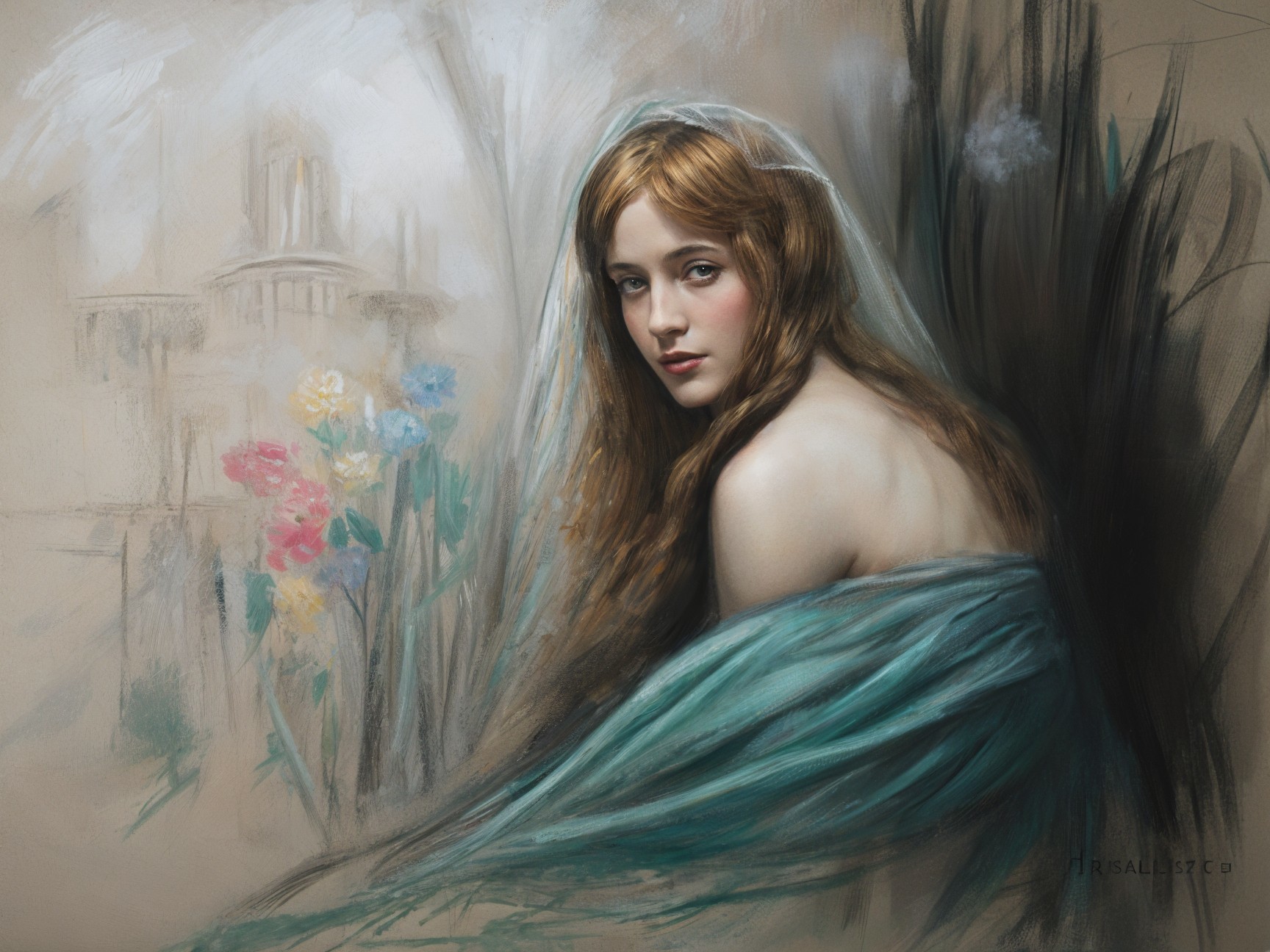 Young Woman in Turquoise Amidst Pastel Flowers
