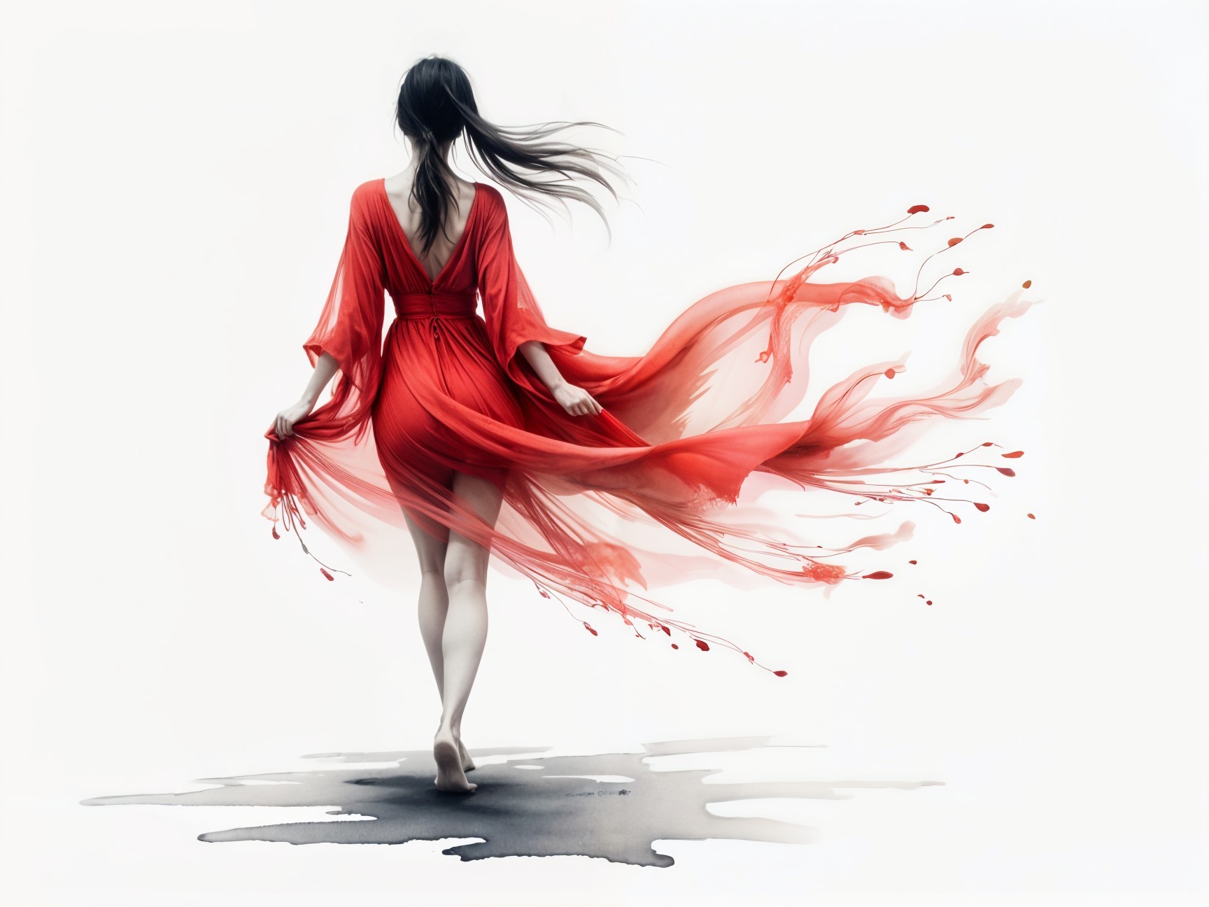 Graceful Figure in Flowing Red Dress on Reflective Surface