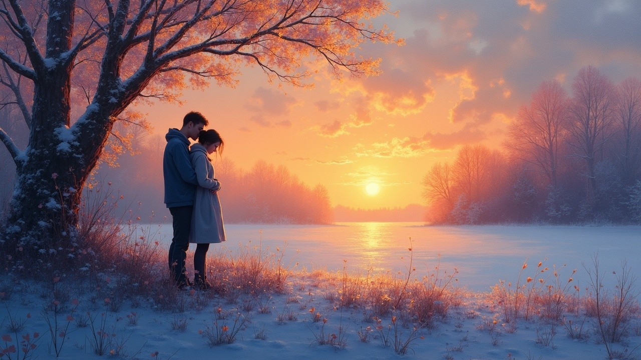 Couple Embraced at Sunset by Tranquil Lakeshore