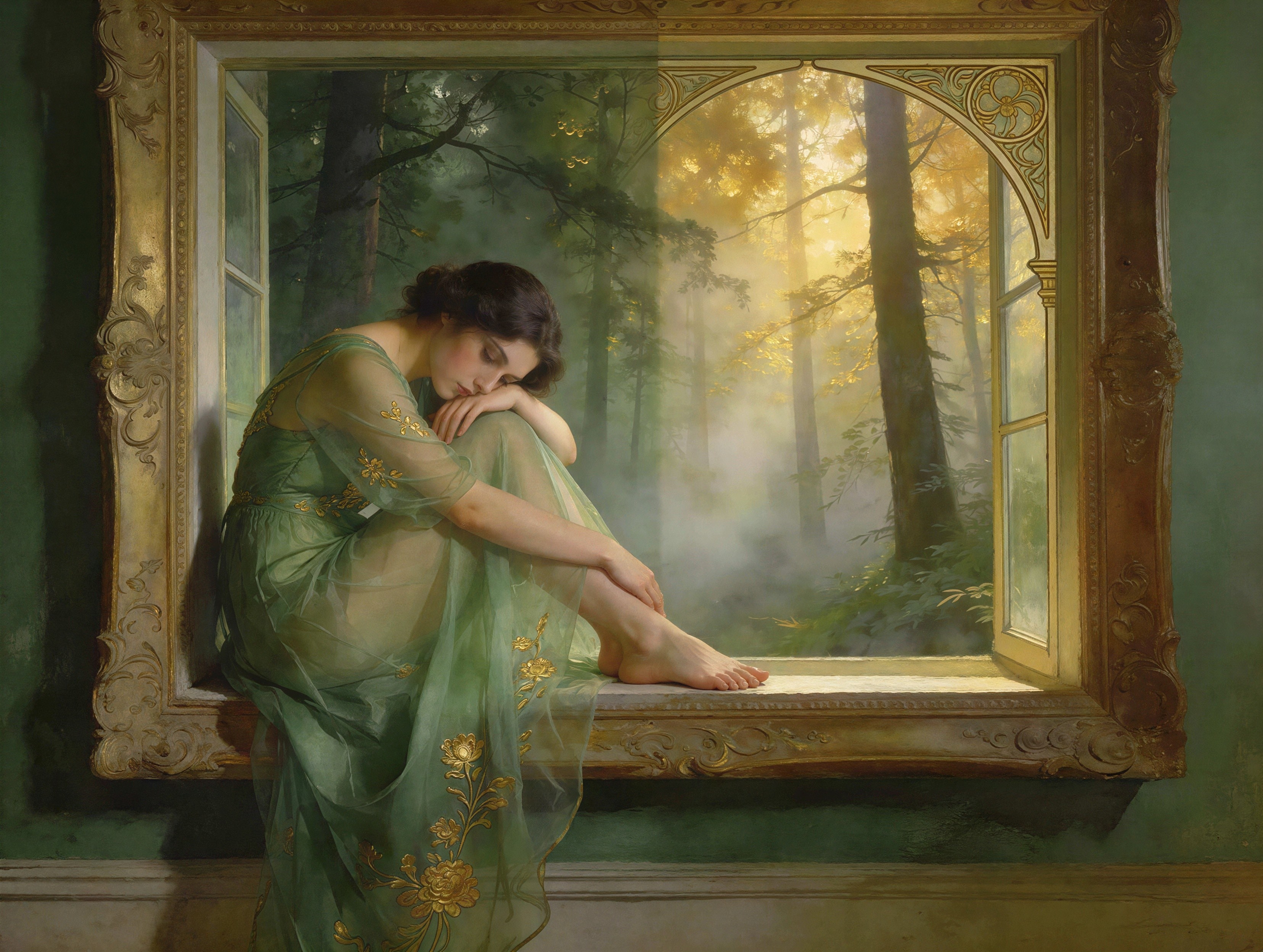 Photorealistic Oil Painting of a Young Woman in Green Dress