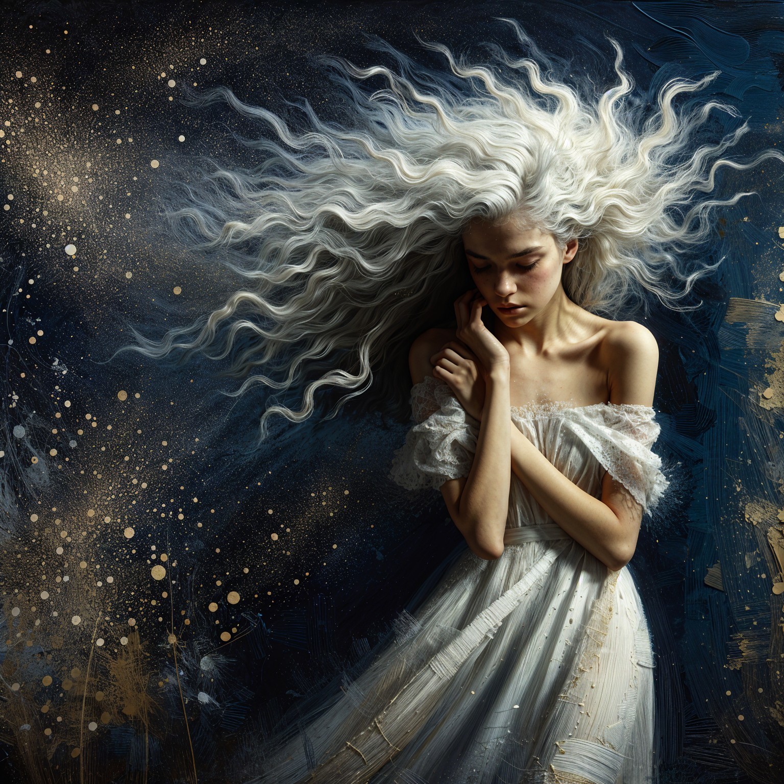 Ethereal Figure in White Dress Against Starry Background