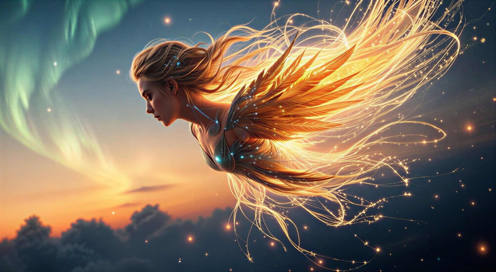 Mythical Figure with Wings in Twilight Sky