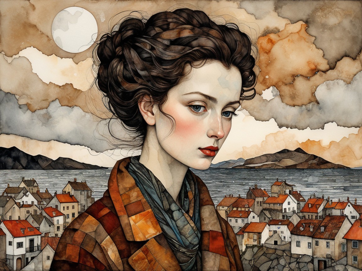 Young woman with intricate hairstyle in serene landscape
