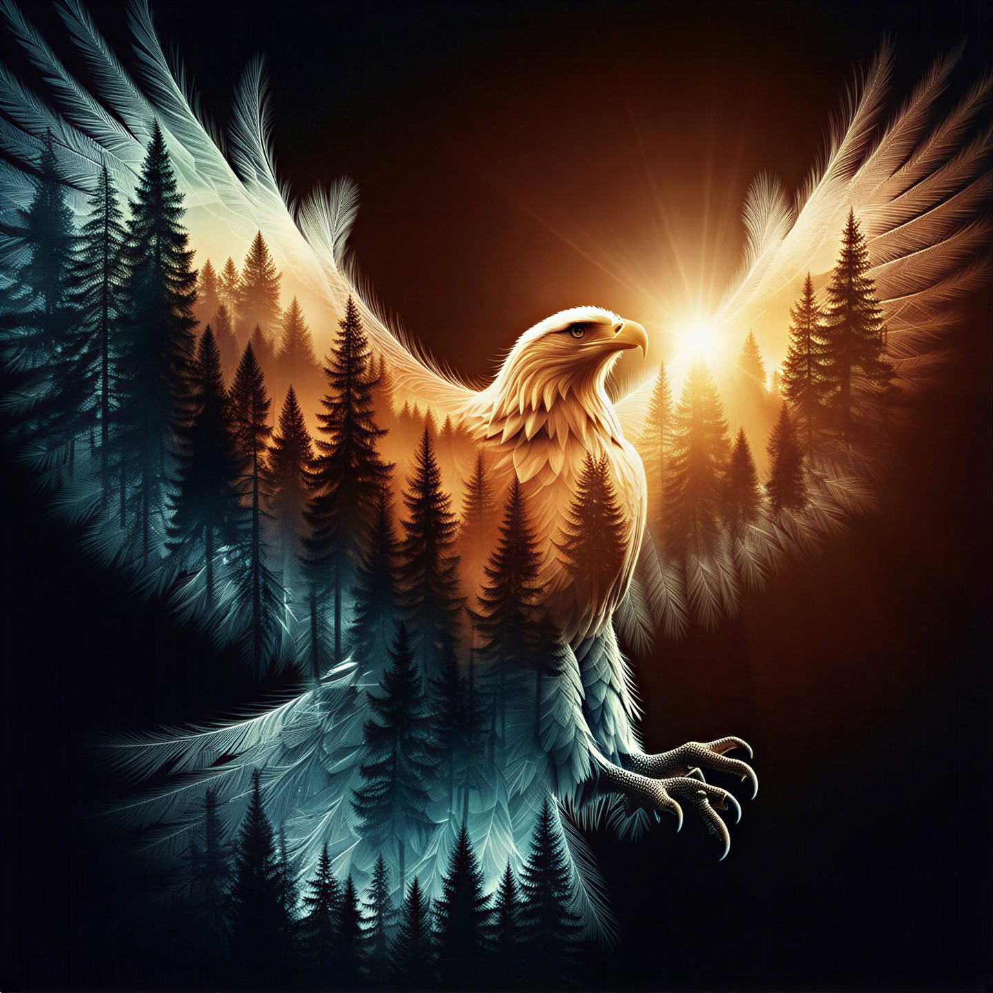 Eagle Soaring at Sunset Over Pine Forest Silhouettes