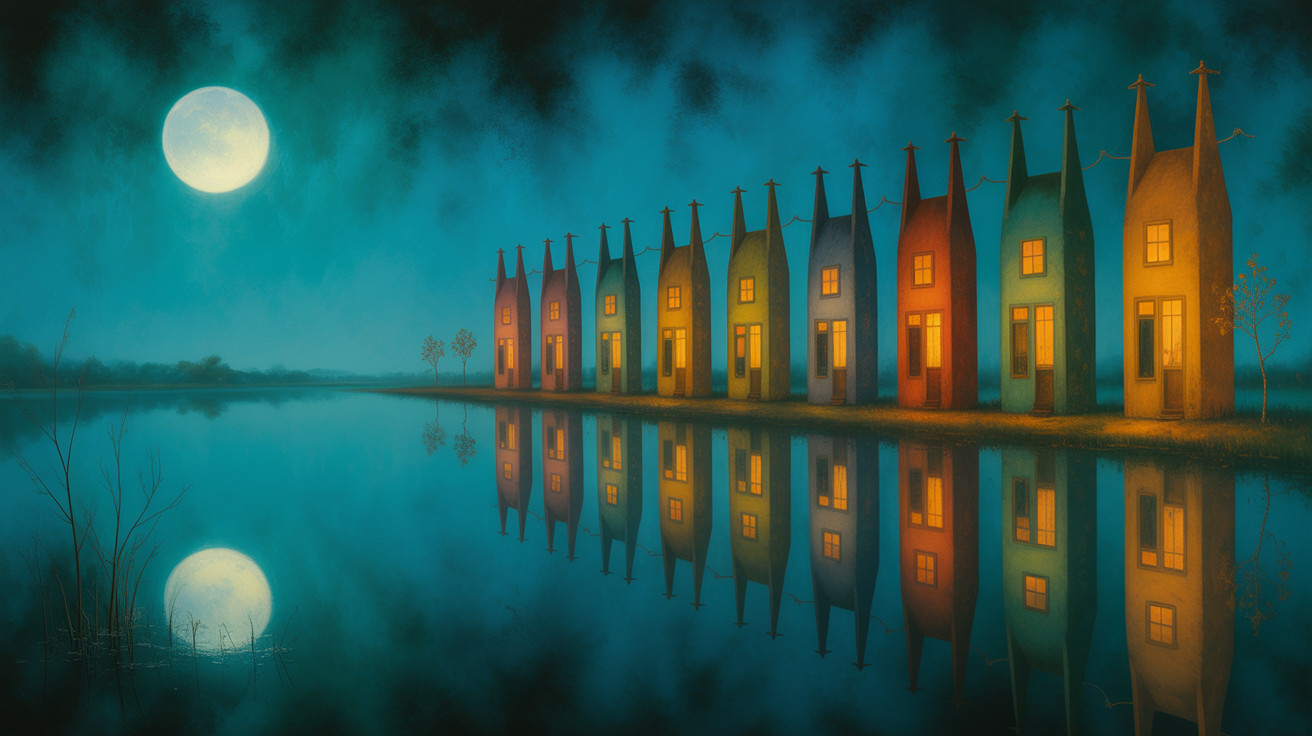 Colorful Houses Reflected in a Calm Night Lake